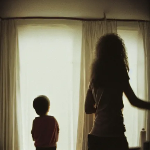 Prompt: a woman from behind, eye-level shot, in a dimly lit room, looking at her child playing with toys, the scene is lit by a small window to the right of the woman, cinestill 800t, dark atmosphere