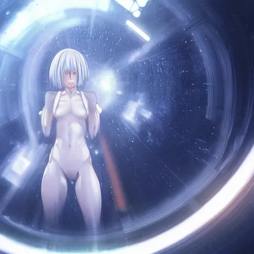 Image similar to HYPER REALISTIC VFX SIMULATION, This is a digital art piece by Yoshiyuki Sadamoto that is trending on artstation. It is a 8K UHD image of Rei Ayanami, a female anime character, inside a space station with technological rings. She is shot from the ground by Yoshiyuki Sadamoto. The environment is a concept design and the art is hyper realistic with intricate details.