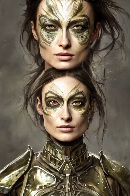 Image similar to a professionally painted portrait of Olivia Wilde, clothed in ancient battle armor, olive skin, long dark hair, beautiful bone structure, symmetrical facial features, face painted with camouflage, intricate, elegant, digital painting, trending on Artstation, concept art, smooth, sharp focus, illustration, from Metal Gear by Ruan Jia and Mandy Jurgens and Artgerm and and william-adolphe bouguerea, award winning