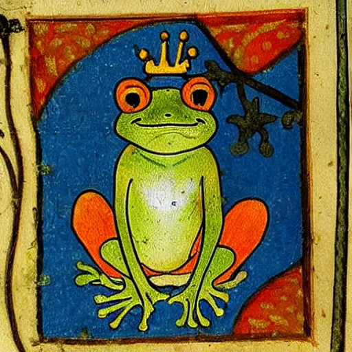 Image similar to beautiful medieval book manuscript painting of a frog wearing a crown