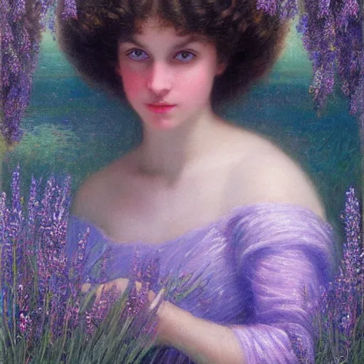 Image similar to a girl with three eyes on 5 translucent luminous spheres, full of floral and berry fillings, in an ocean of lavender color by edward robert hughes, henry justice ford