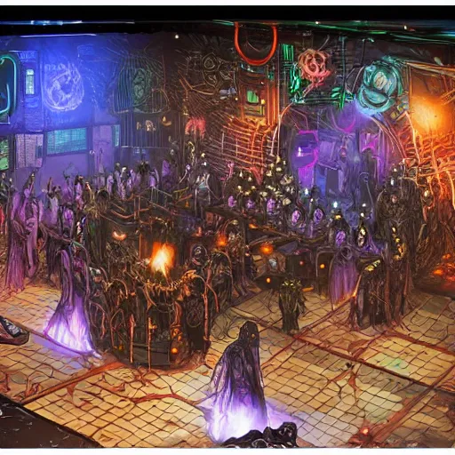 Prompt: techno dance club full of cyberpunk undead lich ilithid mindflayers, honeycomb floor, D&D, lights, lasers, music, highly detailed, realistic, technology and magic,