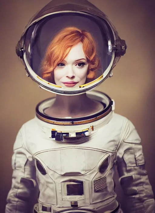 Image similar to upper body photograph portrait of a very pretty!!! christina hendricks in starfield, symmetric face, petzval lens. out of focus, in an astronaut costume. futuristic helmet with neck protection, space station. by alesio albi and george lucas and stanley kubrick