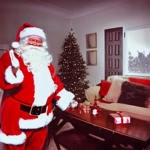 Prompt: Dark nighttime security camera footage of a sinister evil-looking Santa Claus grinning in an empty family living room on Christmas night, lost footage, wide overhead shot, dark, hyperrealistic