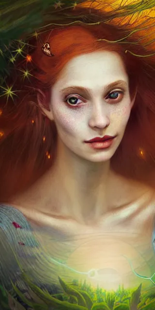 Prompt: mystical scene, fully covering intricate dress, young woman, fit body, serene smile surrounded by golden firefly lights amidst nature, long red hair, precise linework, accurate green eyes, small nose with freckles, beautiful smooth oval shape face, empathic, expressive emotions, hyper realistic ultrafine art by artemisia gentileschi, jessica rossier, boris vallejo