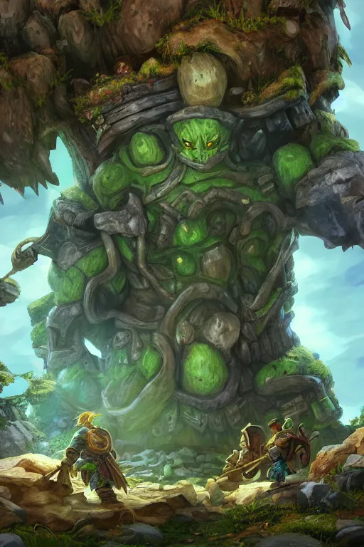 Image similar to zelda fantasy art giant golem troll wood rock greeble gemstone, global illumination ray tracing hdr fanart arstation by sung choi and eric pfeiffer and gabriel garza and casper konefal