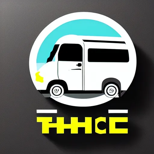 Image similar to white and black cute thor chateau motorhome camper, highway, mountains and sunset!!, everything enclosed in a circle, happy, professional colorful logo illustration