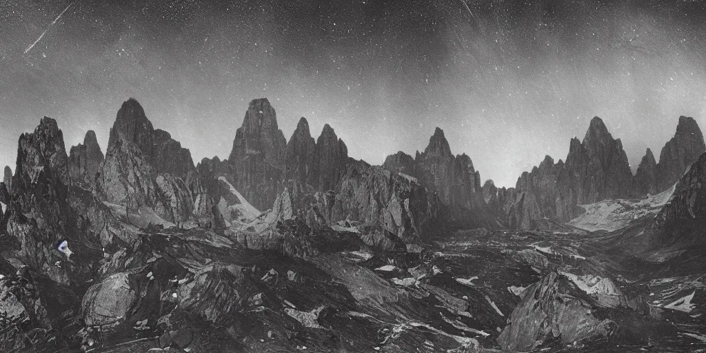 Prompt: 1920s photography historical photo of nightsky, but stars are circles, roots growing in the sky, in the dolomites, forest, dolomites, alpine, detailed intricate insanely detailed octane render, 8k artistic 1920s photography, photorealistic, black and white, chiaroscuro, hd, by David Cronenberg, Raphael, Caravaggio