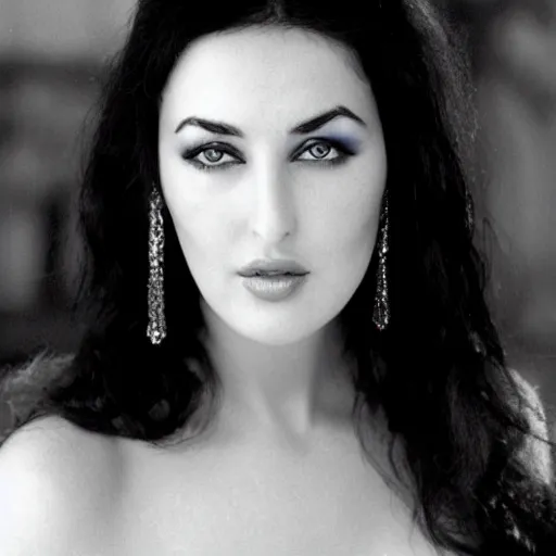 Image similar to young arab Monica Bellucci, blue eyes, long wavy black hair, white veil, closeup, focus, light makeup