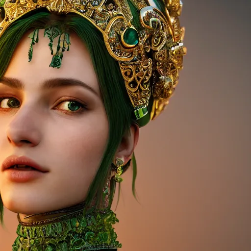 Image similar to photograph of wonderful princess with smooth fair skin, green jewelry, breathtaking, elegant, ornate, intricate, hyper detailed, accent lighting, dramatic light, 4 k octane render