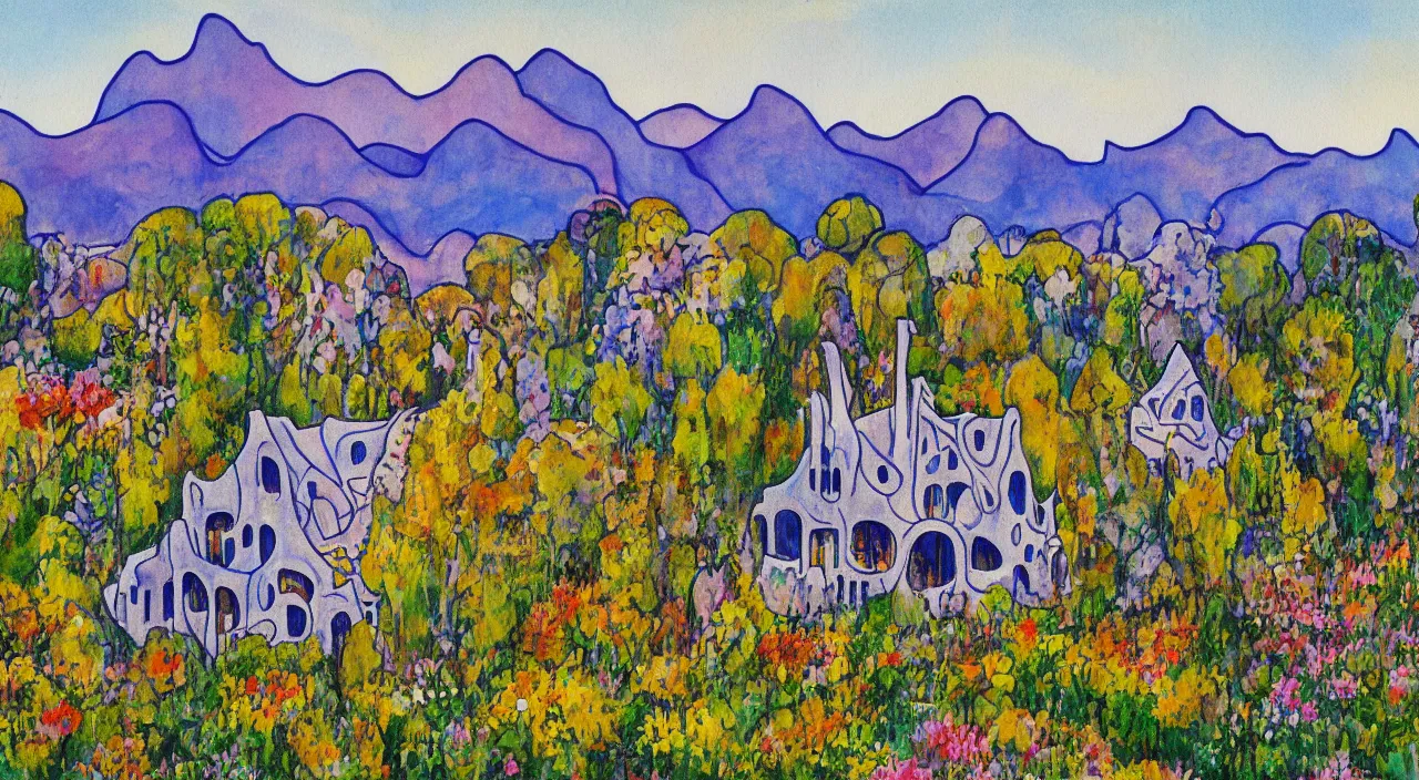 Image similar to a landscape painting of a house designed by Antoni Gaudí, with flower fields as foreground, with mountains as background