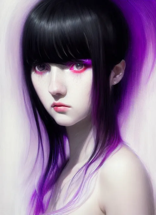 Image similar to portrait of teenage girl, red irises, bangs, black and white hair, white bangs, purple clothes, white bangs, two color hair, black hair and white bangs, intricate, elegant, glowing lights, highly detailed, digital painting, artstation, concept art, smooth, sharp focus, illustration, art by wlop, mars ravelo and greg rutkowski