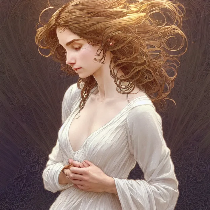 Image similar to long shot, woman posing, short wavy hair, round face, intricate white dress, cottagecore!!, inside water, intricate, enlightened, highly detailed, digital painting, artstation, concept art, smooth, sharp focus, illustration, art by artgerm and greg rutkowski and alphonse mucha