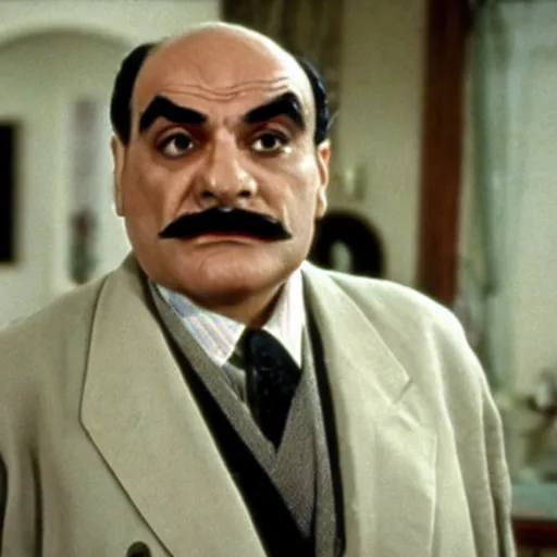 Prompt: scene of the hercule poirot tv serie featuring david suchet shaved