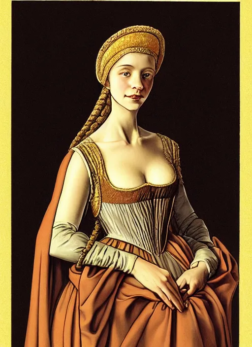 Image similar to portrait of young woman in renaissance dress and renaissance headdress, art by moebius