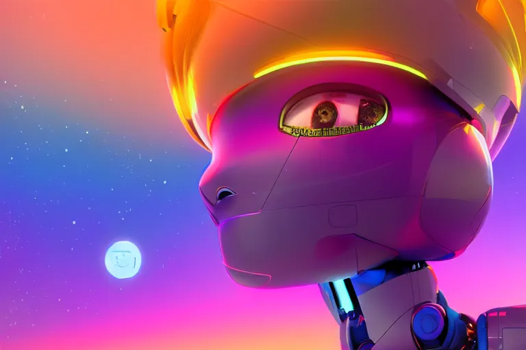 Image similar to a beautiful calm robot girl looking up to the stars, photograph, colorful background, render, 3 d, render, glows, neon, 8 k, 4 d,