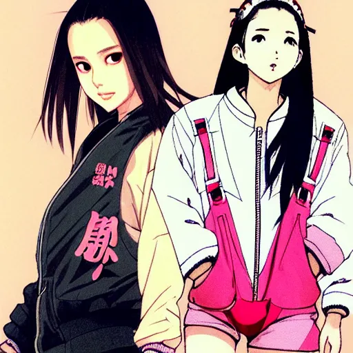 Image similar to a beautiful japanese natalie portman gravure model, wearing oversized native designer bomber jacket and leotard with overalls, bulky poofy bomber jacket with mesoamerican patterns, mesoamerican native street fashion, gapmoe yandere grimdark, trending on pixiv fanbox, painted by greg rutkowski makoto shinkai takashi takeuchi studio ghibli, akihiko yoshida