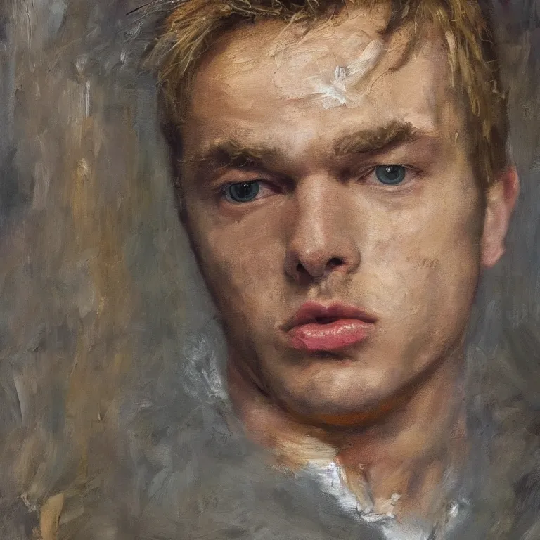 Prompt: Beautiful warmly lit close up studio portrait of a young pale Donald Trump age 23 blackpilled depressed, impasto oil painting heavy brushstrokes by Cy Twombly and Anselm Kiefer , trending on artstation dramatic lighting abstract Expressionism