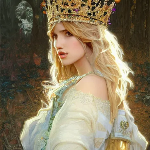 Image similar to ultra realistic illustration, bella thorne wearing princess crown, intricate, elegant, highly detailed, digital painting, artstation, concept art, smooth, sharp focus, illustration, art by artgerm and greg rutkowski and alphonse mucha