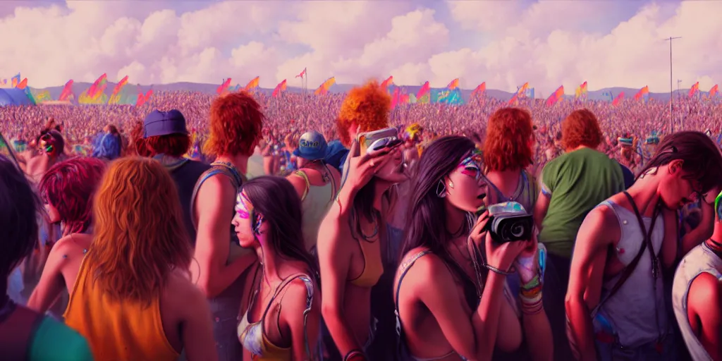 Image similar to Photorealistic people at woodstock 99 by KDA and Sam Yang, trending on artstation