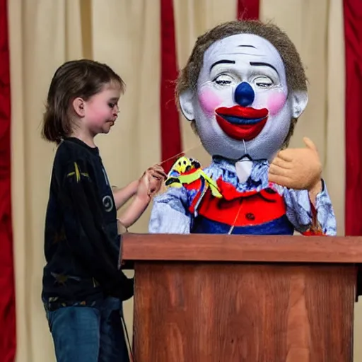 Image similar to puppet show with a puppeteer using a string marionette of a president with clown makeup in a podium