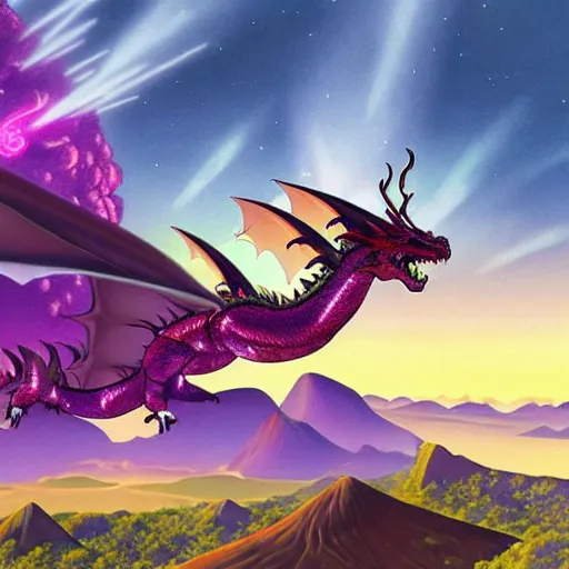 Image similar to a purple dragon fighting a retrofuturistic spaceship with a volcano in the background, concept art by ken steacy