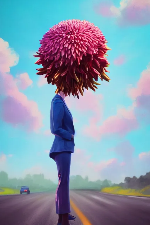 Prompt: closeup giant dahlia flower head, girl in a suit, street, surreal photography, blue sky, sunrise, dramatic light, impressionist painting, digital painting, artstation, simon stalenhag