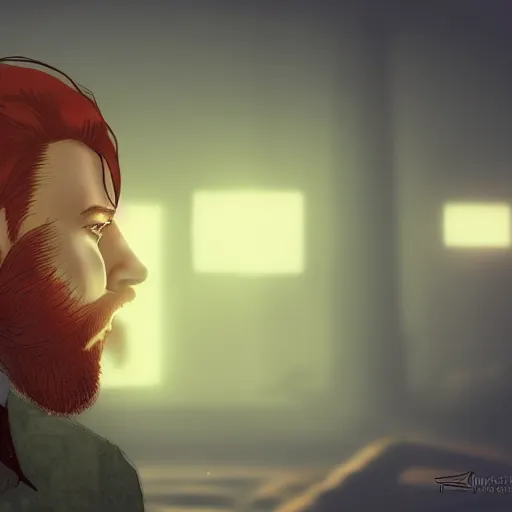 Image similar to redheaded man with beard staring ominously into a camera, grim, raypunk, cryengine, by Ilya Kuvshinov