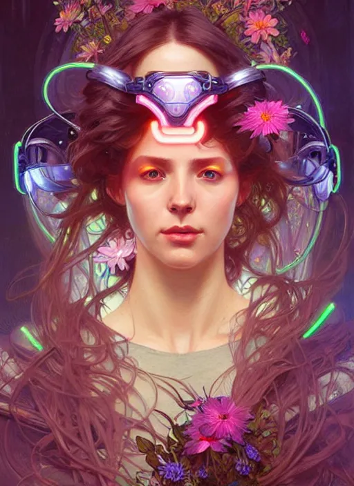 Prompt: lovely woman wearing futuristic goggles in distress, neon flowers, ultra realistic, concept art, intricate details, eerie, highly detailed, photorealistic, 8 k, unreal engine. art by artgerm and greg rutkowski and magali villeneuve, alphonse mucha