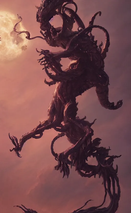 Prompt: four armed statue of a demon of the moon ascending from hell, four arms, dramatic lighting, flowing tendrils, artstation, concept art, smooth, sharp focus, illustration, art by greg rutkowski