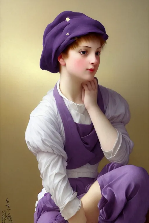 Image similar to Full View girl with short blond hair wearing an oversized purple Beret, Baggy Purple overall shorts, Short Puffy pants made of silk, silk shoes, a big billowy scarf, Golden Ribbon, and white leggings Covered in stars. Short Hair. masterpiece 4k digital illustration by Ruan Jia and Mandy Jurgens and Artgerm and william-adolphe bouguereau, award winning, Artstation, art nouveau aesthetic, Alphonse Mucha background, intricate details, realistic, panoramic view, Hyperdetailed, 8k resolution, intricate art nouveau