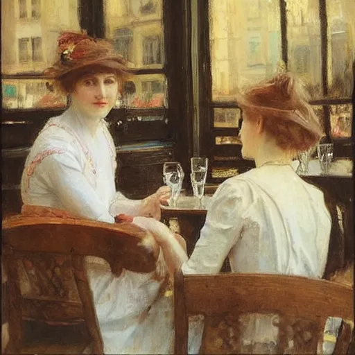 Prompt: two young edwardian women in a cafe in paris, in the style of anders zorn