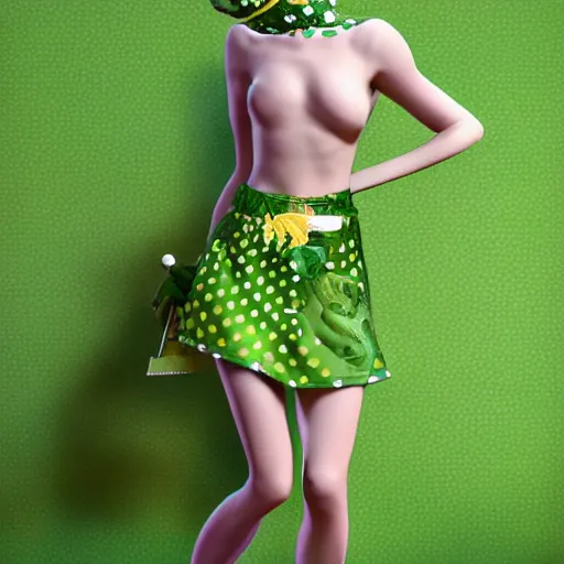 Prompt: fashion show event where a super cute smiling green tree frog is wearing a polka dot skirt, photo realistic, unreal engine, trending on artstation