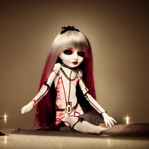 Prompt: adorable vampire themed high end fashion doll and accessories, on a table under a lamp light shining down over it like a spot light, god rays, dust particles, photorealistic, aesthetic shot, worms eye view, macro camera lens, high definition, thematic, cinematic, lens flare