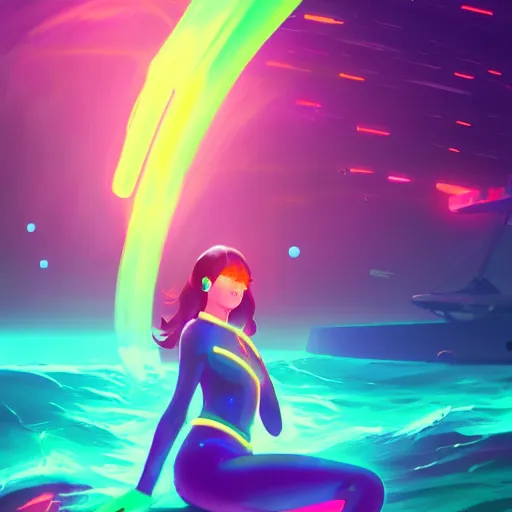 Prompt: neon woman in a ocean in space | hyperrealistic digital painting by makoto shinkai, ilya kuvshinov, lois van baarle, rossdraws | afrofuturism in the style of hearthstone and overwatch, trending on artstation