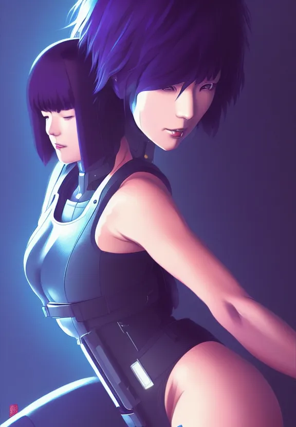 Image similar to a fullbody portrait of motoko kusanagi the major ghost in the shell : : connected to cables, under repairs, maintenance area, technicians : : by ilya kuvshinov, rossdraws, artgerm, sola digital arts, anti aliasing, raytracing : :