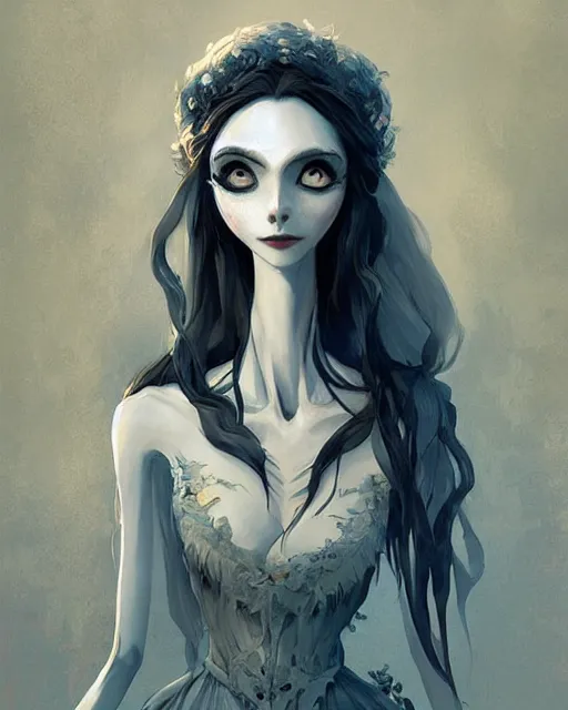 Prompt: elegant mysterious gracious undead victoria everglot from the corpse bride, portrait, illustration, the land of the death, skeletal hand, rim light, top light, summer clear blue sky, perfectly shaded, soft painting, art by krenz cushart and wenjun lin
