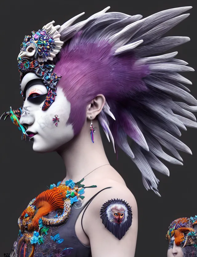 Image similar to 3 d goddess close - up profile portrait russian punk with mohawk with ram skull. beautiful detailed japanese crow kitsune mask and clasical japanese kimono. betta fish, jellyfish phoenix, bio luminescent, plasma, ice, water, wind, creature, artwork by tooth wu and wlop and beeple and greg rutkowski