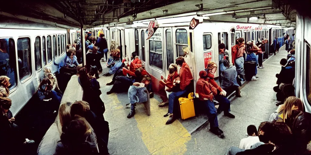 Image similar to 1 9 7 0's new york subway, crowd doing graffiti on a train in the depot, coloured film photography, christopher morris photography, bruce davidson photography