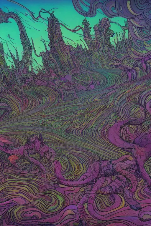 Image similar to stampede through a psychedelic landscape, in the style of Greg Broadmore and Arthur Rackham and Moebius, trending on artstation, light lighting side view,digital art,surrealism ,macro,blueprint ,vaporwave ,