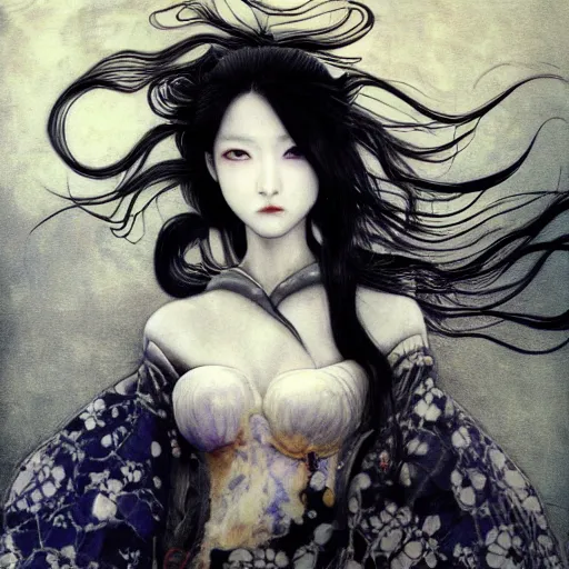 Image similar to yoshitaka amano blurred and dreamy realistic illustration of a japanese woman with black eyes, black lipstick, long wavy white hair fluttering in the wind wearing elden ring armor with engraving, abstract patterns in the background, satoshi kon anime, noisy film grain effect, highly detailed, renaissance oil painting, weird portrait angle, blurred lost edges, three quarter view