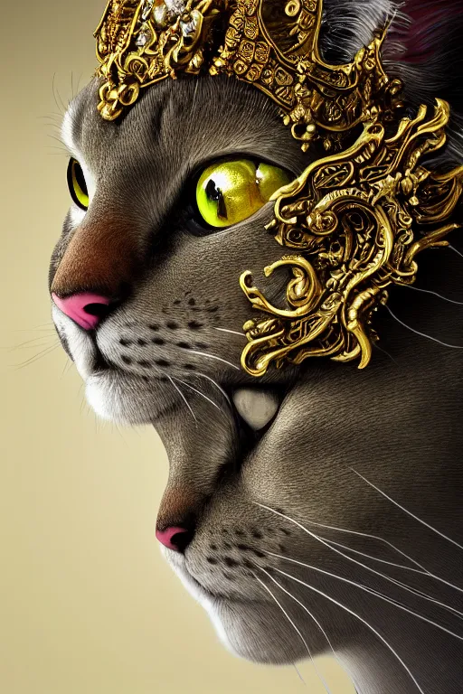 Image similar to a beautiful empress portrait, with a brilliant, impossible striking big Cat headpiece, clothes made of cats, everything cats, symmetrical, dramatic studio lighting, rococo, baroque, greens, asian, hyperrealism, closeup, D&D, fantasy, intricate, elegant, highly detailed, digital painting, artstation, octane render, 8k, concept art, matte, sharp focus, illustration, art by Artgerm and Greg Rutkowski and Alphonse Mucha