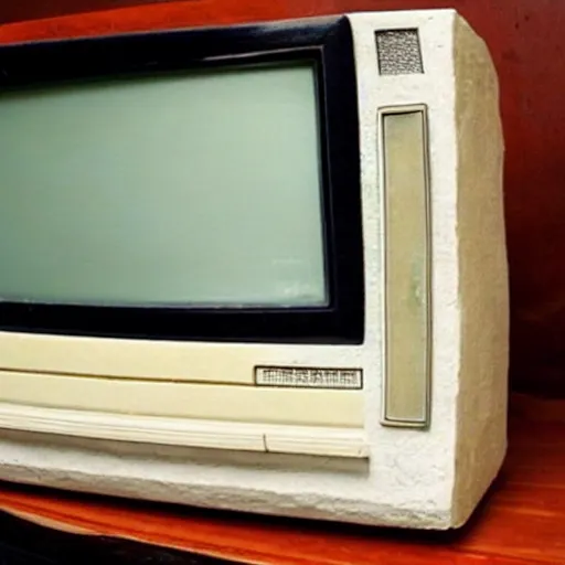 Prompt: a retro crt television carved from stone, ttelevision made by ancient taino