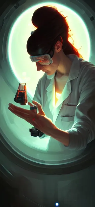 Image similar to a portrait art of a female scientist in a laboratory holding a black hole in her hands, style by jordan grimmer and greg rutkowski, concept art, stylised, elegant, illustration, high quality, highly detailed, long hair, digital art, pinterest