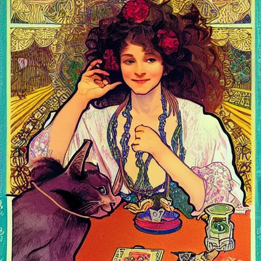 Image similar to Caucasian fortune teller lady with curly hair, a spread of tarot cards on a table, cats on her side, in a colorful tent, Alphonse Mucha poster ,