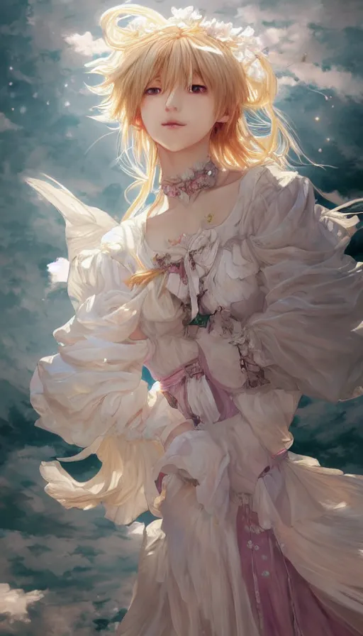 Image similar to portrait of kirisame marisa, touhou, anime art, dreamy and ethereal, expressive pose, peaceful expression, ornate frilly dress, fantasy, intricate, elegant, highly detailed, digital painting, artstation, concept art, smooth, sharp focus, illustration, art by artgerm and greg rutkowski and alphonse mucha