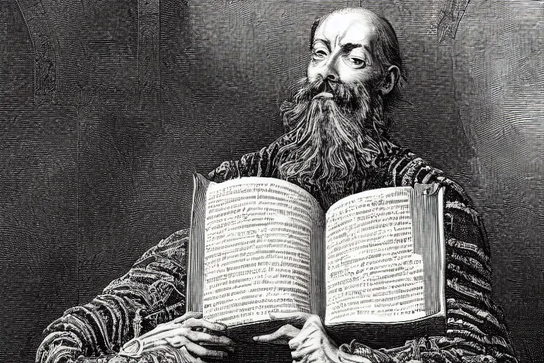 Image similar to highly detailed portrait of big open book, open book page, don quixote left the book, symmetrical, masterpiece, highly detailed painting by gustave dore