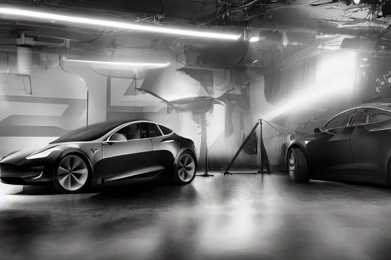 Image similar to a 2 8 mm closeup photo of a tesla car in a photo studio, hyper detailed, smooth, high contrast, volumetric lighting, octane, craig mullins, cinematic