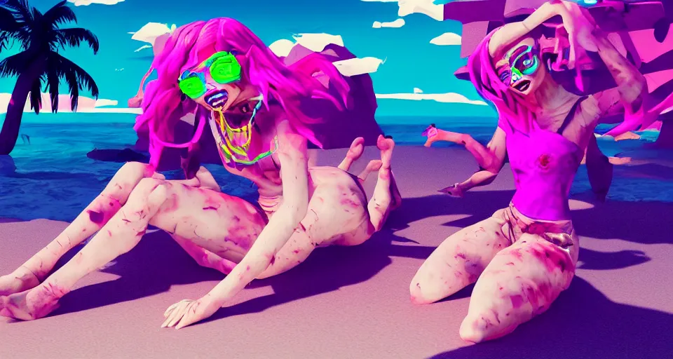 Image similar to vaporwave art of a fashionable zombie girl at a beach, early 90s cg, 3d render, 80s outrun, low poly, from Hotline Miami