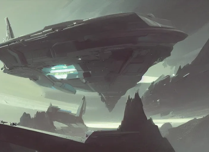 Prompt: a spaceship in a stunning landscape by martin deschambault